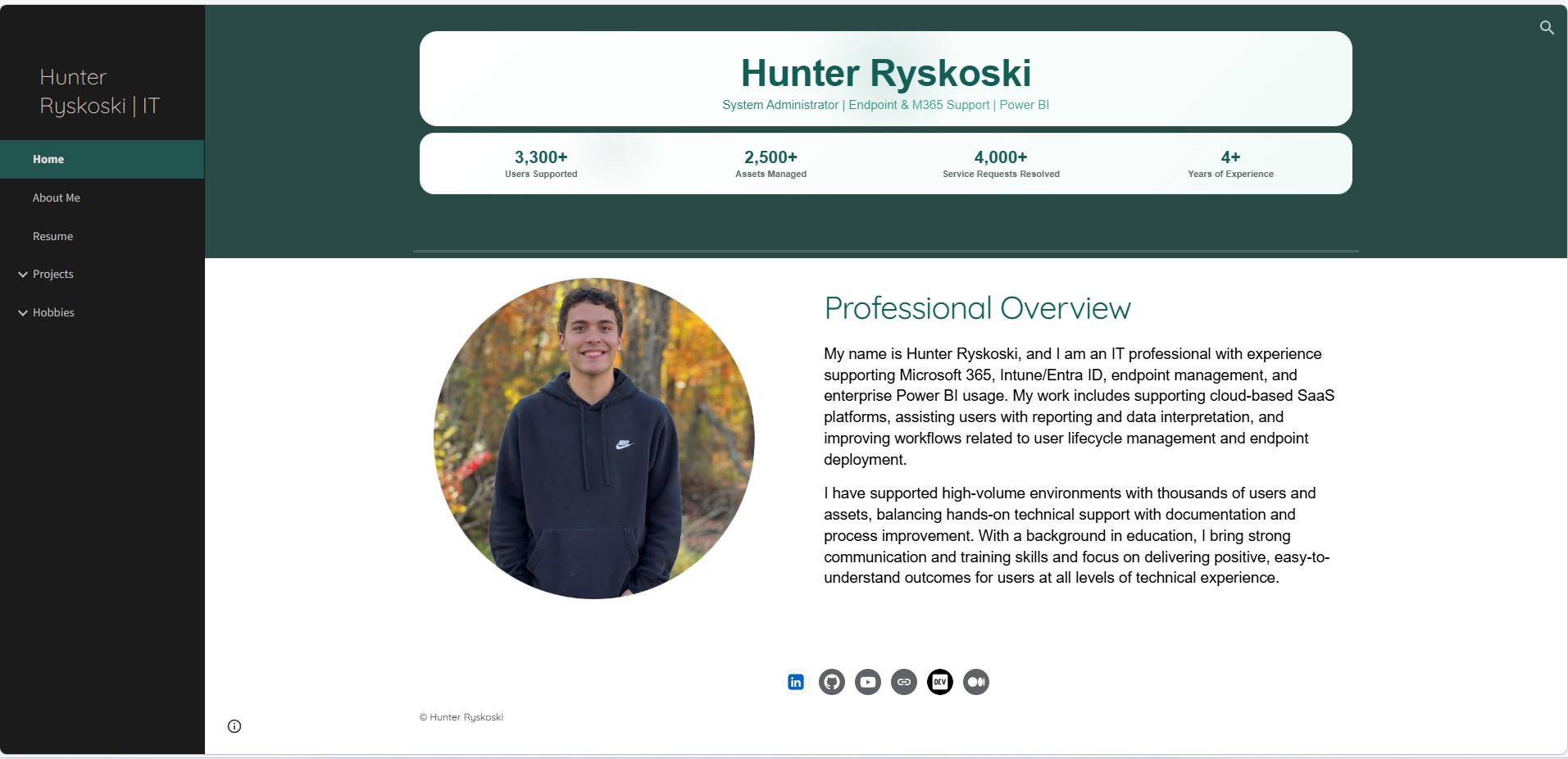 Hunter Ryskoski Google Sites Portfolio homepage preview